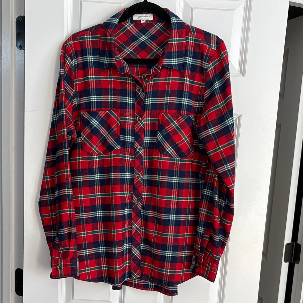 Grace & Lace Red and Blue Plaid Women's Button Down Shirt